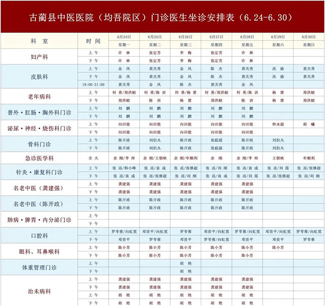 古藺縣中醫(yī)醫(yī)院6月24日-6月30日新老院區(qū)門(mén)診醫(yī)生排班表